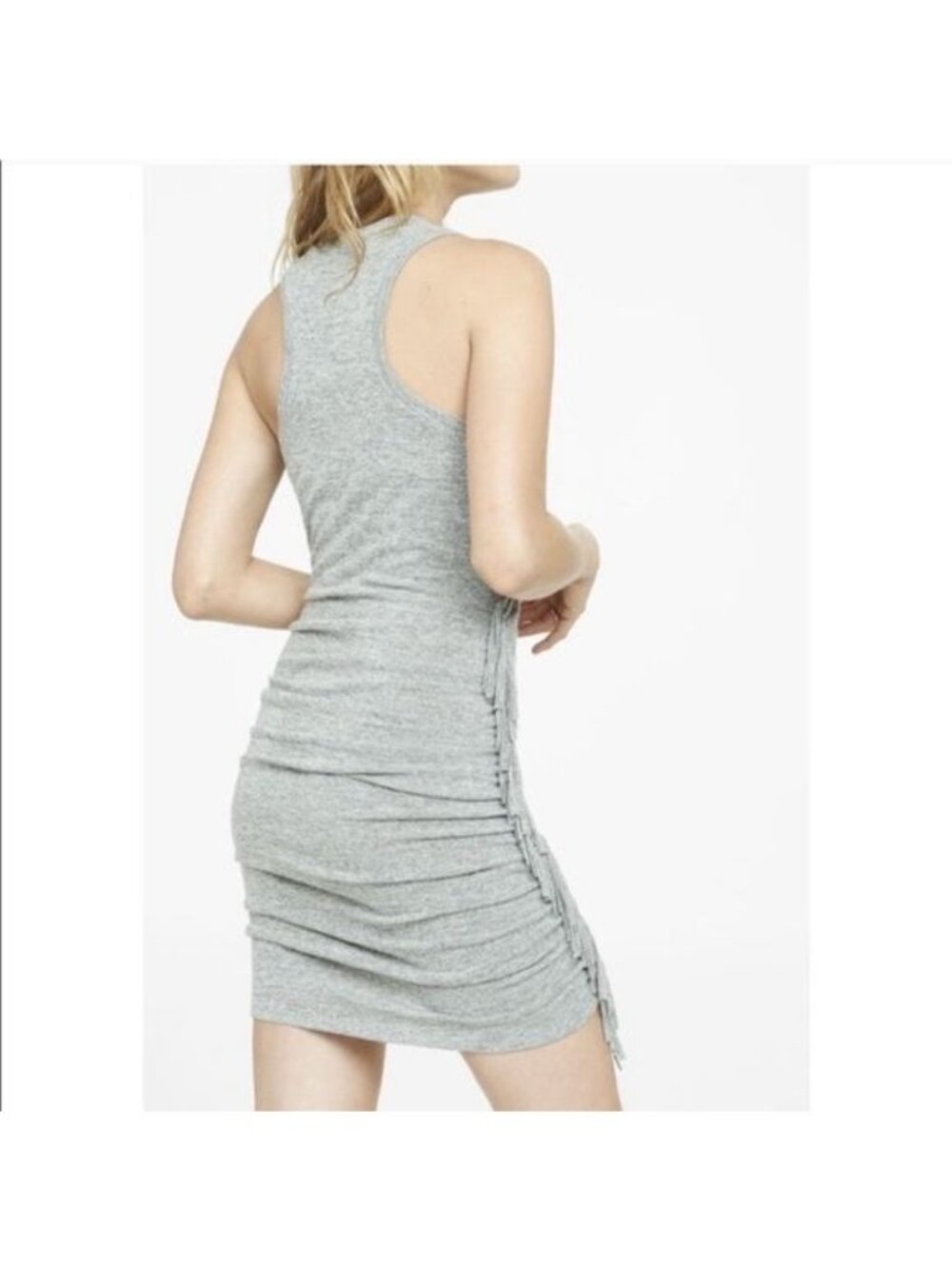 Express Fringe Ruched Racerback Heathered Gray Dress - Picture 11 of 12